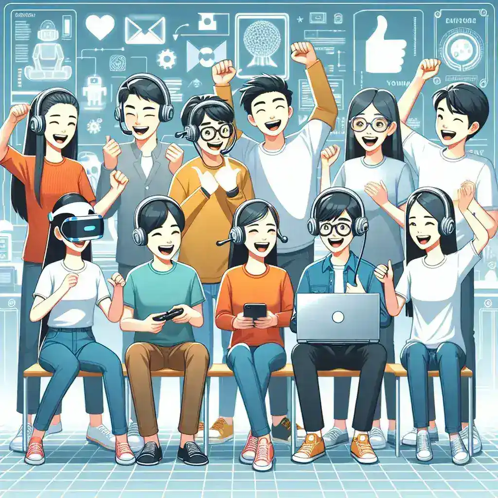"Chinese youth utilizing DeepSeek's AI Model R1 for emotional support, showcasing a diverse group engaged with technology in a modern setting."