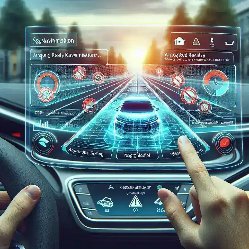 "Augmented Reality windshield showcasing real-time navigation instructions and potential hazard alerts while driving, demonstrating advanced automotive technology."