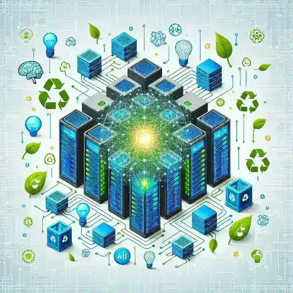 "Data center technician monitoring energy-efficient AI workloads on multiple servers, illustrating the impact of artificial intelligence on energy consumption and efficiency in data centers."